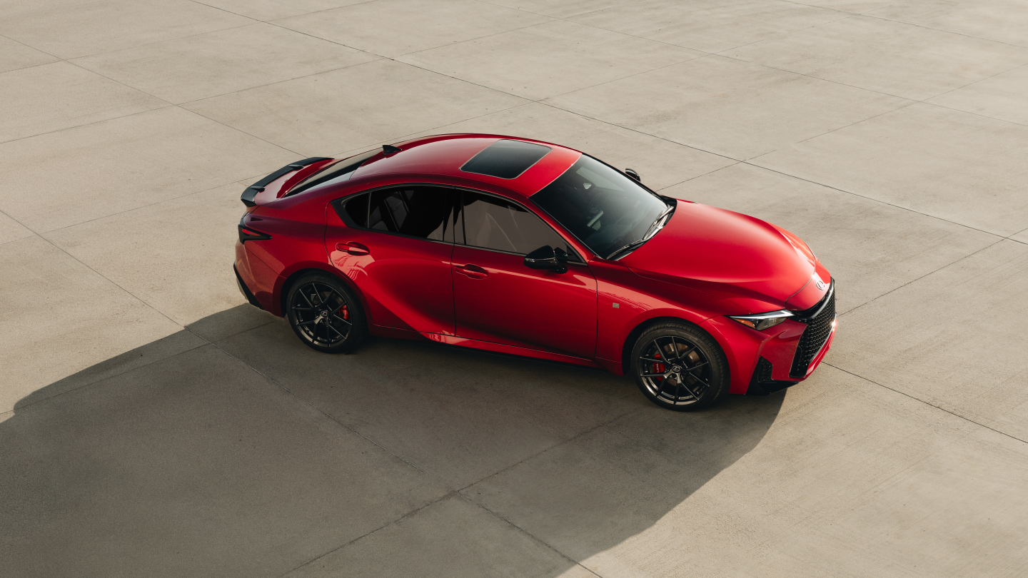 High overhead angle of IS F SPORT shown in Infrared exterior color.