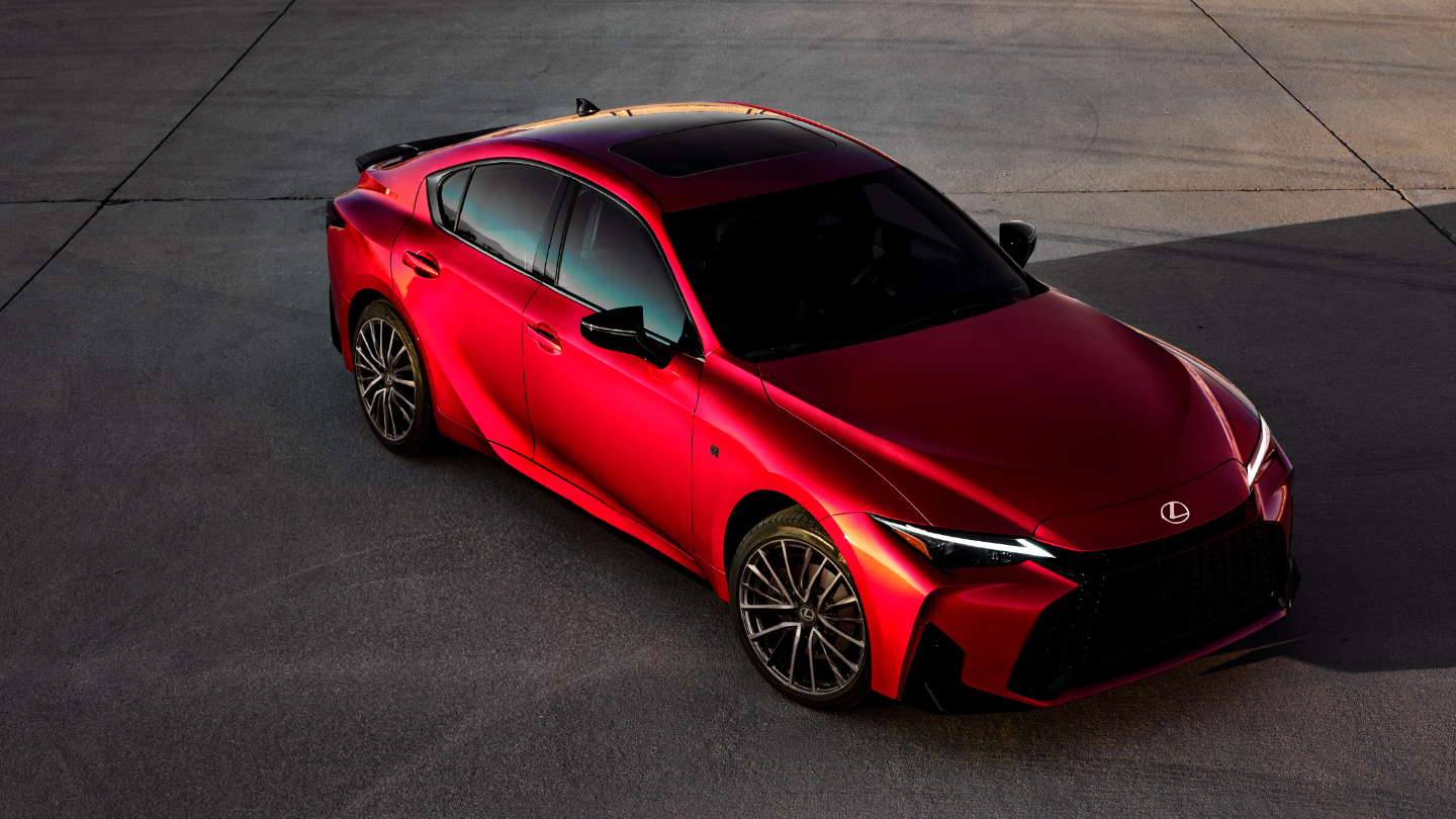 High overhead angle of IS F SPORT Design shown in Infrared exterior color.