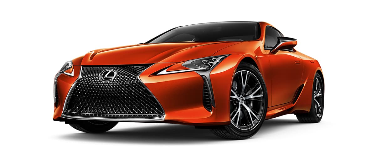 Lexus LC in Cadmium Orange with 20-inch staggered-width split-10-spoke cast alloy wheels with Dark Silver and machined finish wheels angle 1