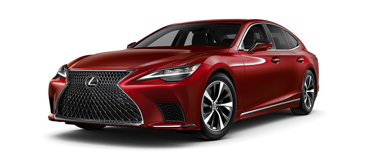 Lexus LS in Matador Red Mica with 19-inch split-10-spoke alloy noise-reduction wheels with Dark Silver and machined finish wheels angle 1