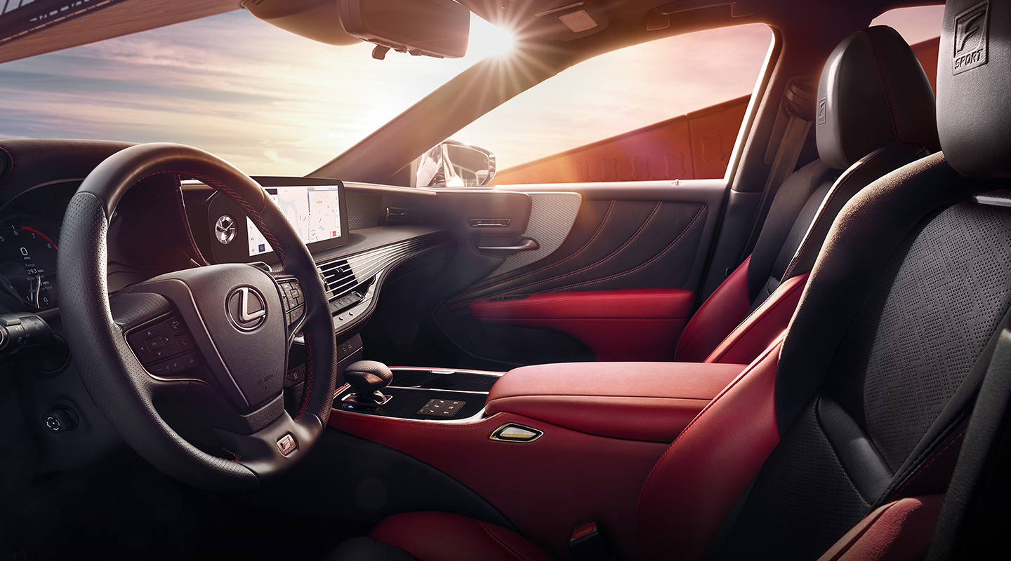 Interior of the Lexus LS F SPORT showing the bold Circuit Red F SPORT interior