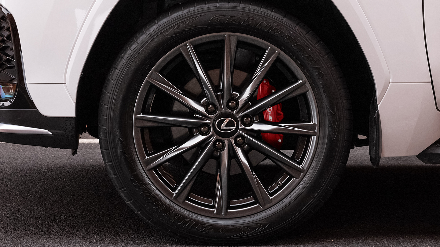 Detail of F SPORT alloy wheel with Dark Gray Metallic finish.