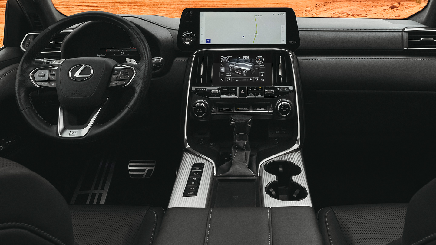 Two center-console touchscreen displays present the driver with a host of information and controls.