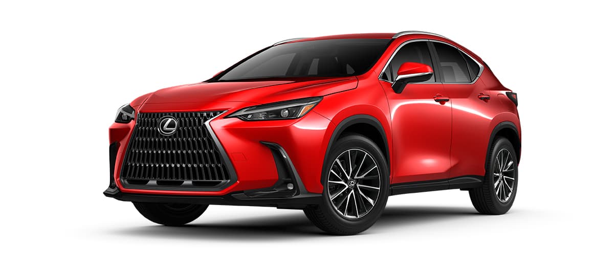 Lexus NX in Redline with 18-inch 15-spoke alloy wheels with Dark Gray and machined finish wheels angle 1