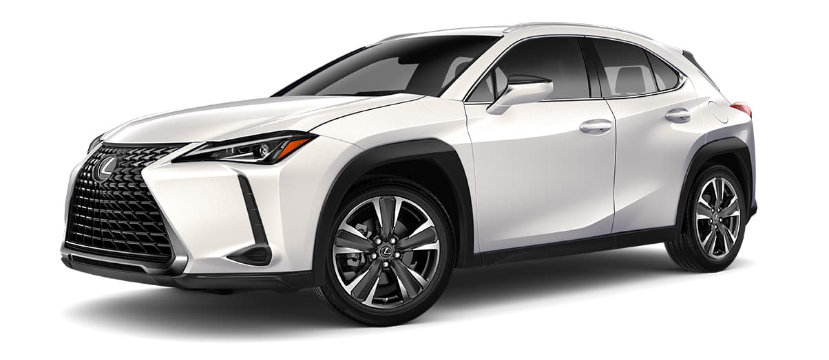 Lexus UX in Eminent White Pearl with 18-inch five-spoke alloy wheels with Dark Gray and machined finish with run-flat tires wheels angle 1
