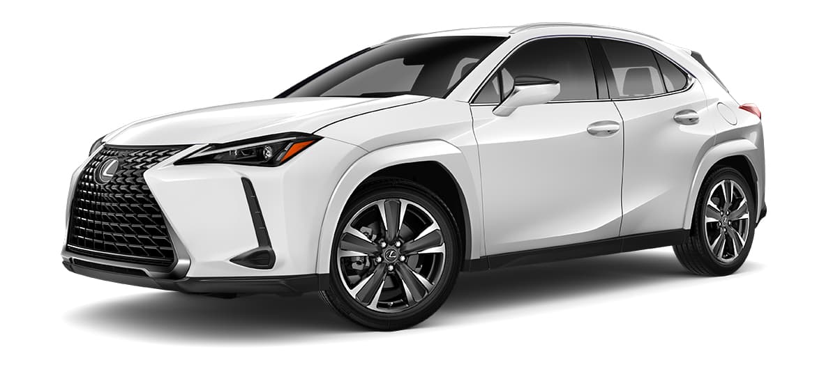 Lexus UX in Ultra White with 18-inch five-spoke alloy wheels with Dark Gray Metallic and machined finish with run-flat tires wheels angle 1 in 
