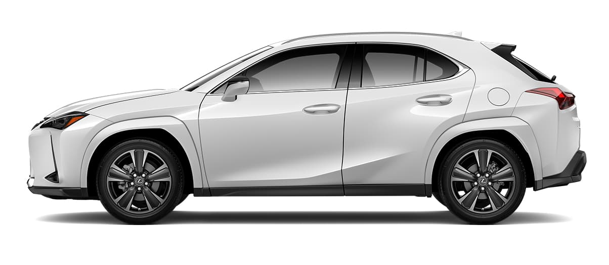 Lexus UX in Ultra White with 18-inch five-spoke alloy wheels with Dark Gray Metallic and machined finish with run-flat tires wheels angle 2 in 