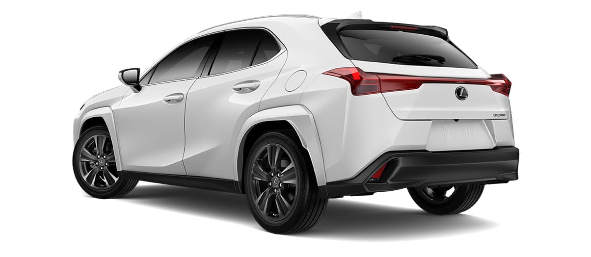 Lexus UX in Ultra White with 18-inch five-spoke alloy wheels with Dark Gray Metallic and machined finish with run-flat tires wheels angle 3 in 