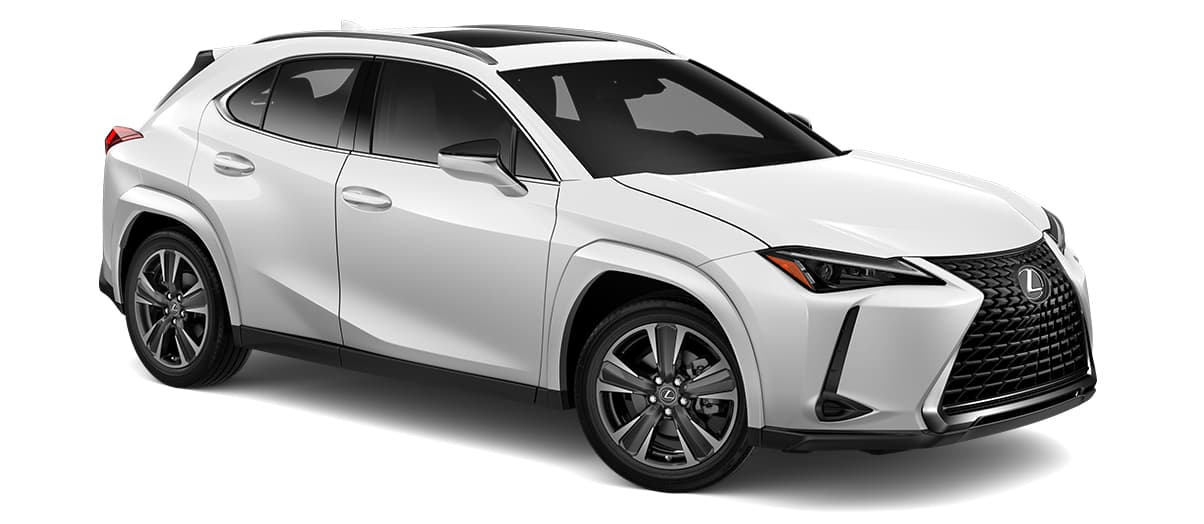 Lexus UX in Ultra White with 18-inch five-spoke alloy wheels with Dark Gray Metallic and machined finish with run-flat tires wheels angle 4 in 